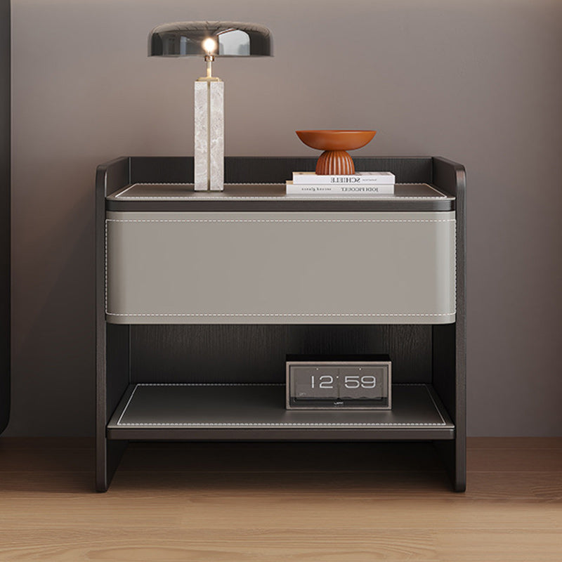 Scandinavian Wood Saddle Leather Nightstand 1-Drawer — Gray + Black