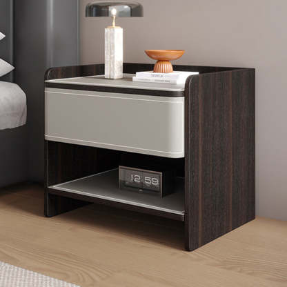Scandinavian Wood Saddle Leather Nightstand 1-Drawer