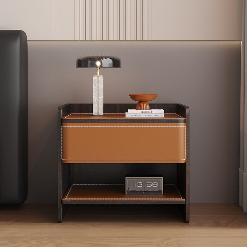 Scandinavian Wood Saddle Leather Nightstand 1-Drawer
