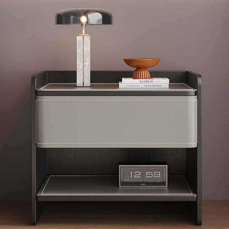 Scandinavian Wood Saddle Leather Nightstand 1-Drawer — Khaki + Smoky Wood Color