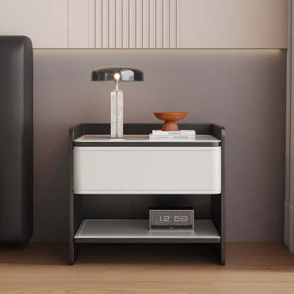 Scandinavian Wood Saddle Leather Nightstand 1-Drawer — Beige + Smoky Wood Color
