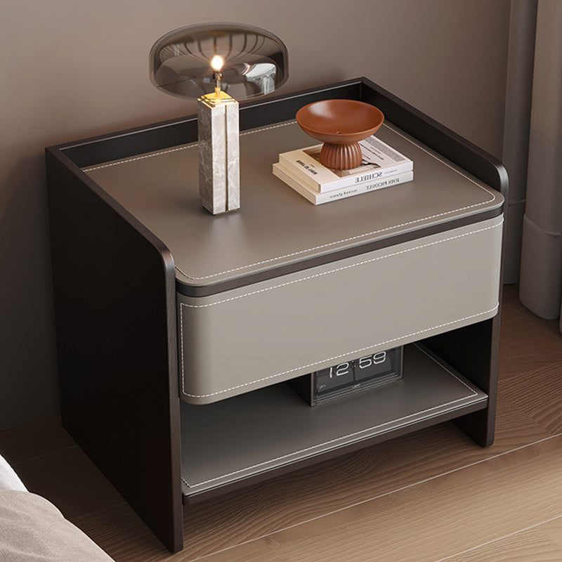 Scandinavian Wood Saddle Leather Nightstand 1-Drawer — Orange + Smoky Wood Color