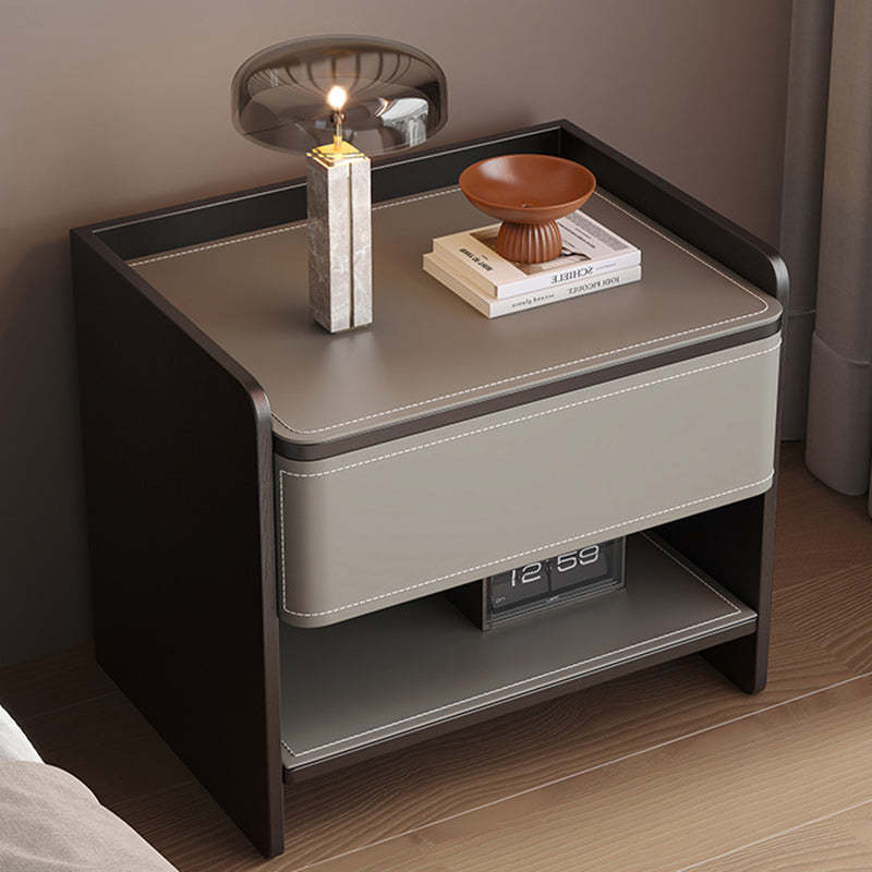 Scandinavian Wood Saddle Leather Nightstand 1-Drawer — Orange + Smoky Wood Color