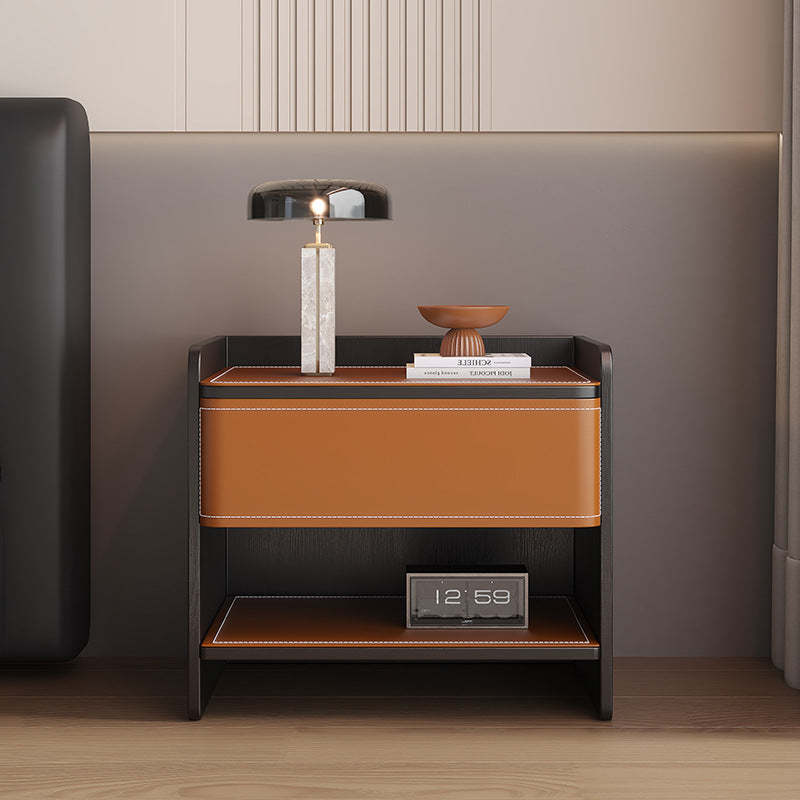 Scandinavian Wood Saddle Leather Nightstand 1-Drawer
