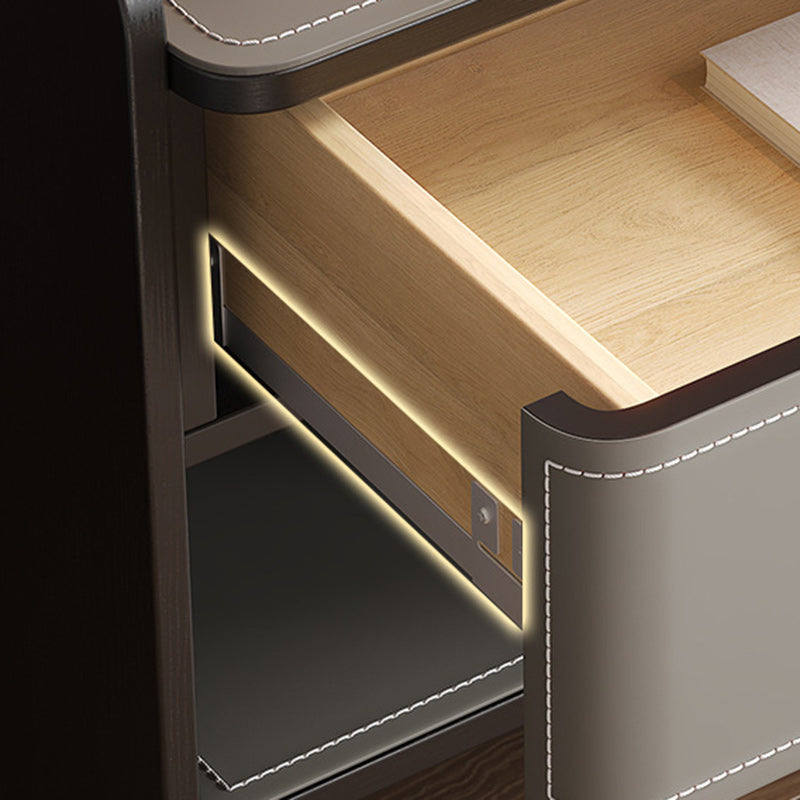Scandinavian Wood Saddle Leather Nightstand 1-Drawer — Beige + Walnut Color