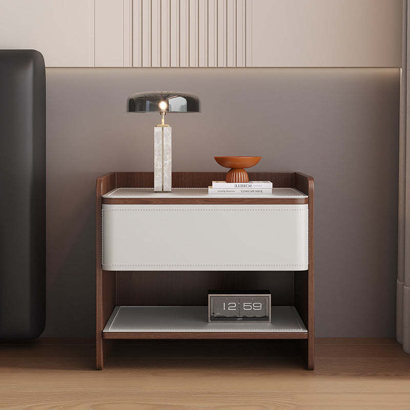 Scandinavian Wood Saddle Leather Nightstand 1-Drawer