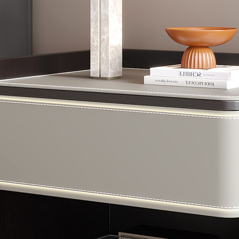 Scandinavian Wood Saddle Leather Nightstand 1-Drawer — Khaki + Walnut Color