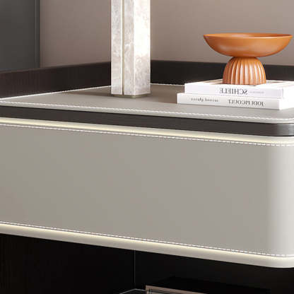 Scandinavian Wood Saddle Leather Nightstand 1-Drawer — Khaki + Walnut Color