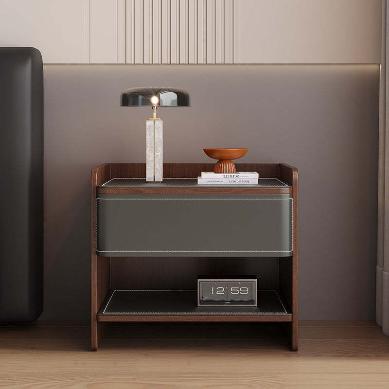 Scandinavian Wood Saddle Leather Nightstand 1-Drawer