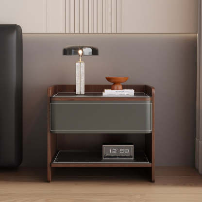 Scandinavian Wood Saddle Leather Nightstand 1-Drawer
