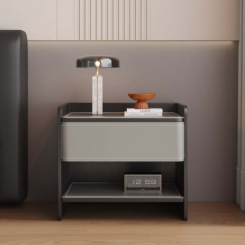Scandinavian Wood Saddle Leather Nightstand 1-Drawer