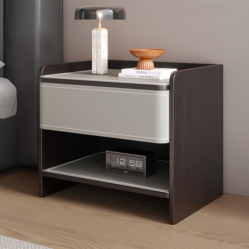 Scandinavian Wood Saddle Leather Nightstand 1-Drawer — Beige + Black