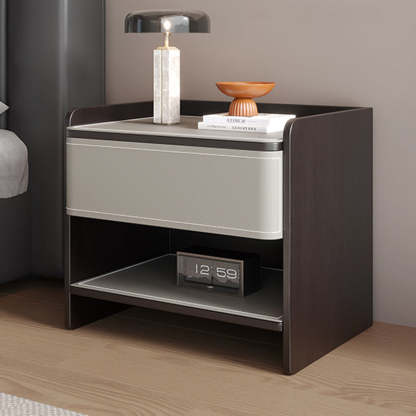 Scandinavian Wood Saddle Leather Nightstand 1-Drawer — Beige + Black