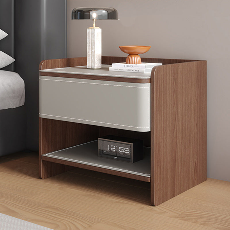 Scandinavian Wood Saddle Leather Nightstand 1-Drawer — Orange + Walnut Color