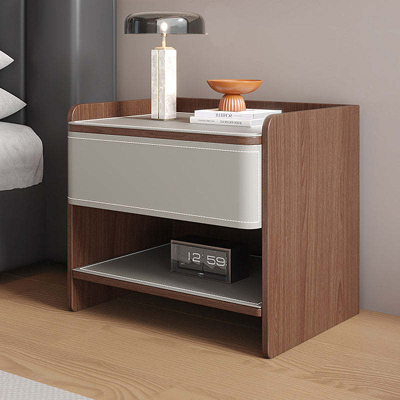 Scandinavian Wood Saddle Leather Nightstand 1-Drawer — Orange + Walnut Color