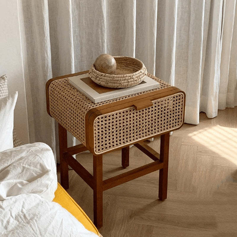 Vintage Ash Wood Rattan Nightstand 1-Drawer — Walnut Color
