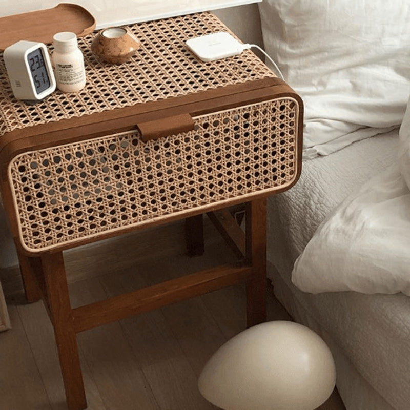 Vintage Ash Wood Rattan Nightstand 1-Drawer