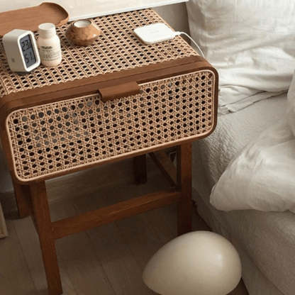 Vintage Ash Wood Rattan Nightstand 1-Drawer