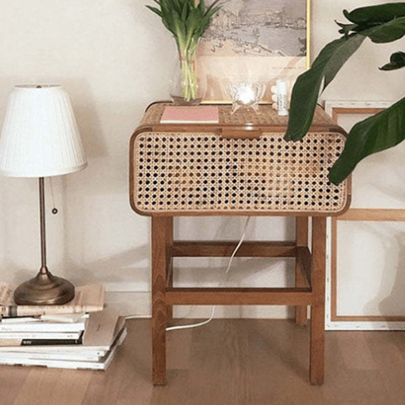 Vintage Ash Wood Rattan Nightstand 1-Drawer