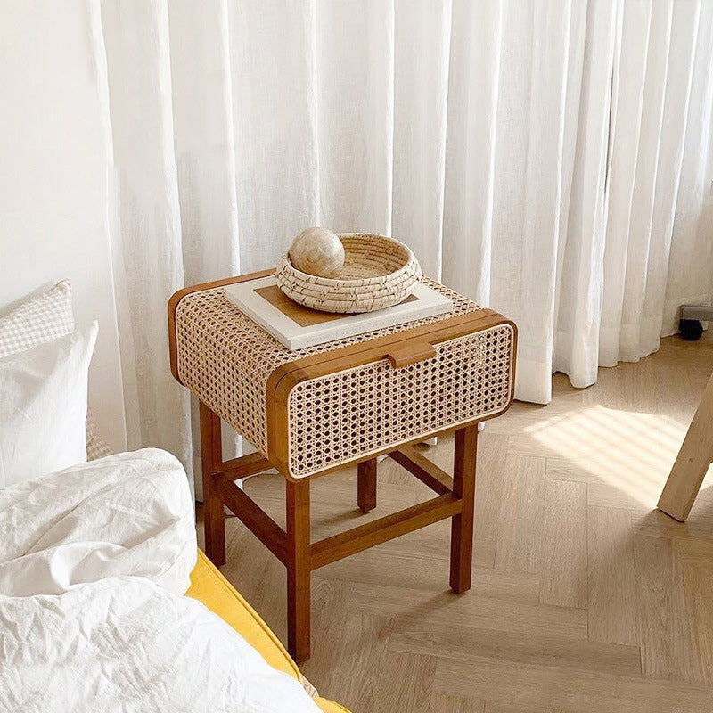 Vintage Ash Wood Rattan Nightstand 1-Drawer