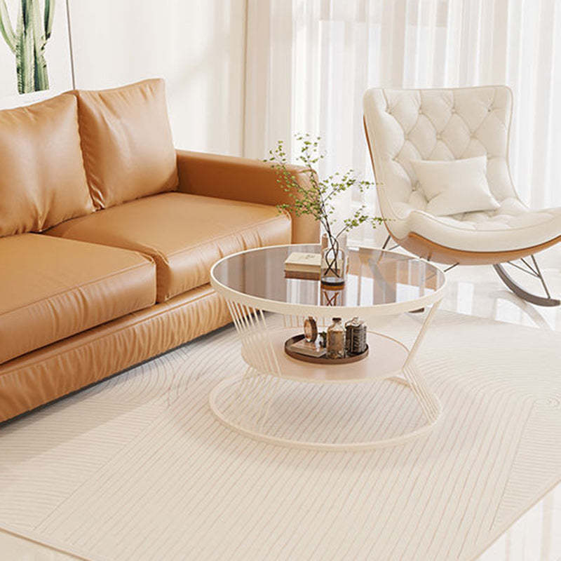 Scandinavian Round Iron Glass Coffee Table 2-Tier — White Base + Gray Glass