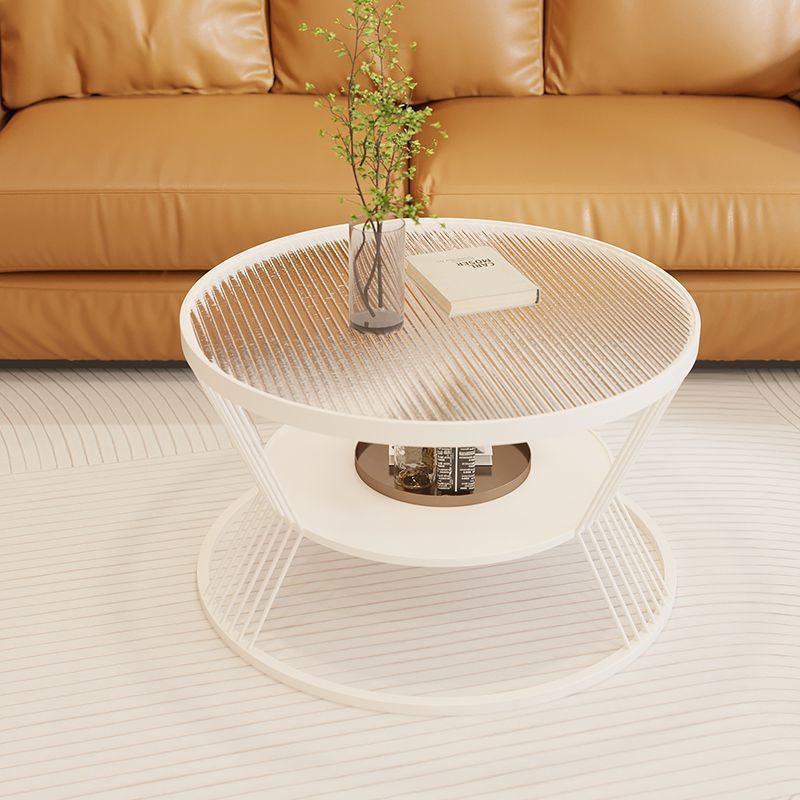 Scandinavian Round Iron Glass Coffee Table 2-Tier — Black Base + Frosted Stripe Glass
