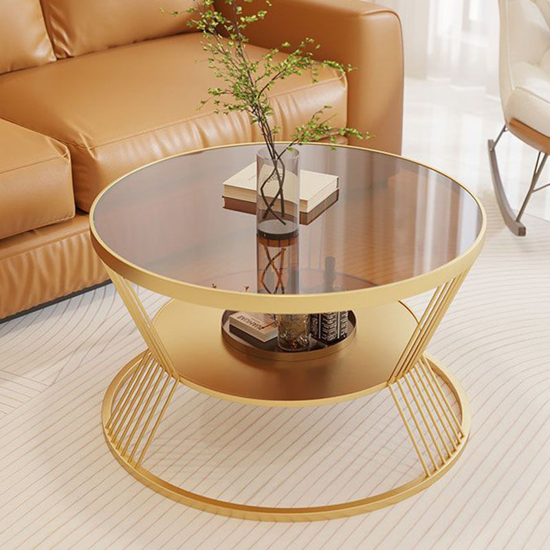 Scandinavian Round Iron Glass Coffee Table 2-Tier — White Base + Tea Color Glass