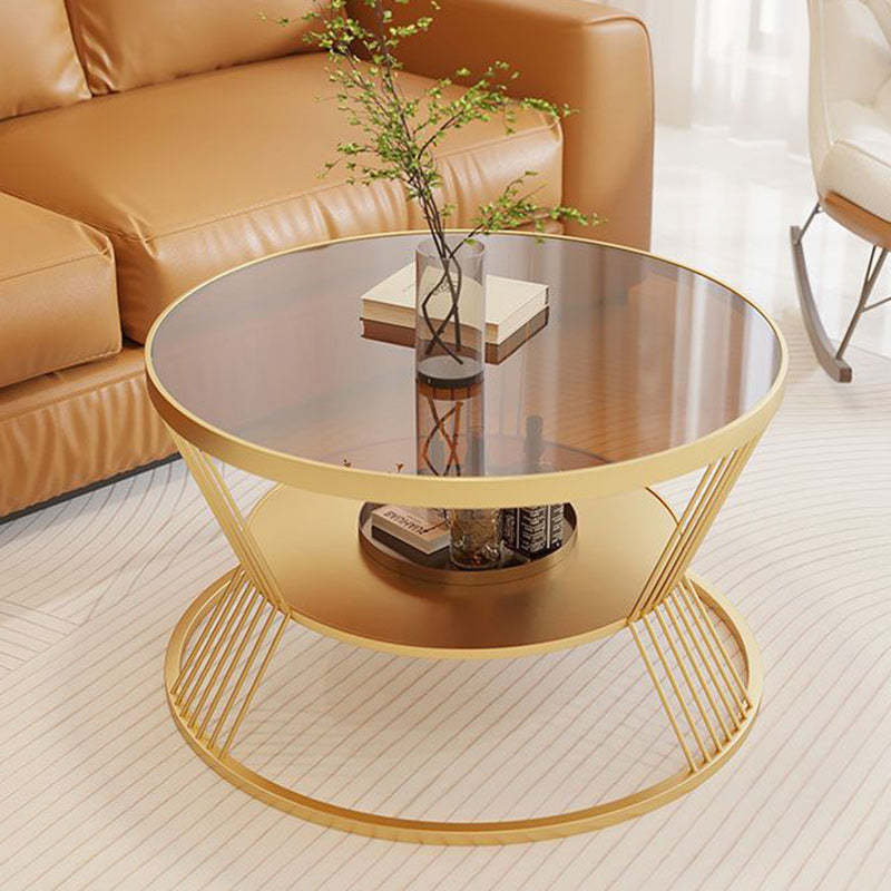 Scandinavian Round Iron Glass Coffee Table 2-Tier — White Base + Tea Color Glass
