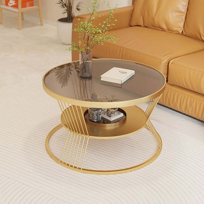 Scandinavian Round Iron Glass Coffee Table 2-Tier — White Base + Tea Color Glass