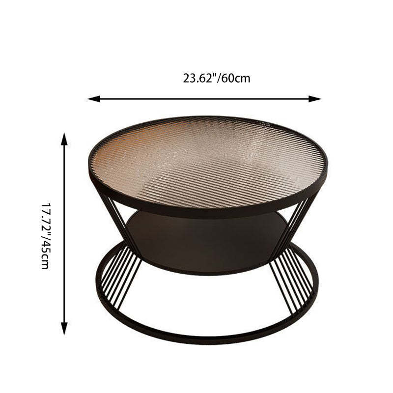 Scandinavian Round Iron Glass Coffee Table 2-Tier — Black Base + Gray Glass