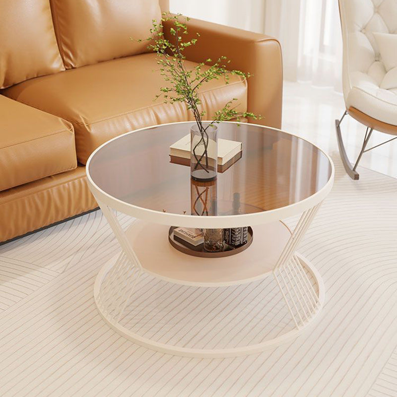 Scandinavian Round Iron Glass Coffee Table 2-Tier — Gold Base + Tea Color Glass
