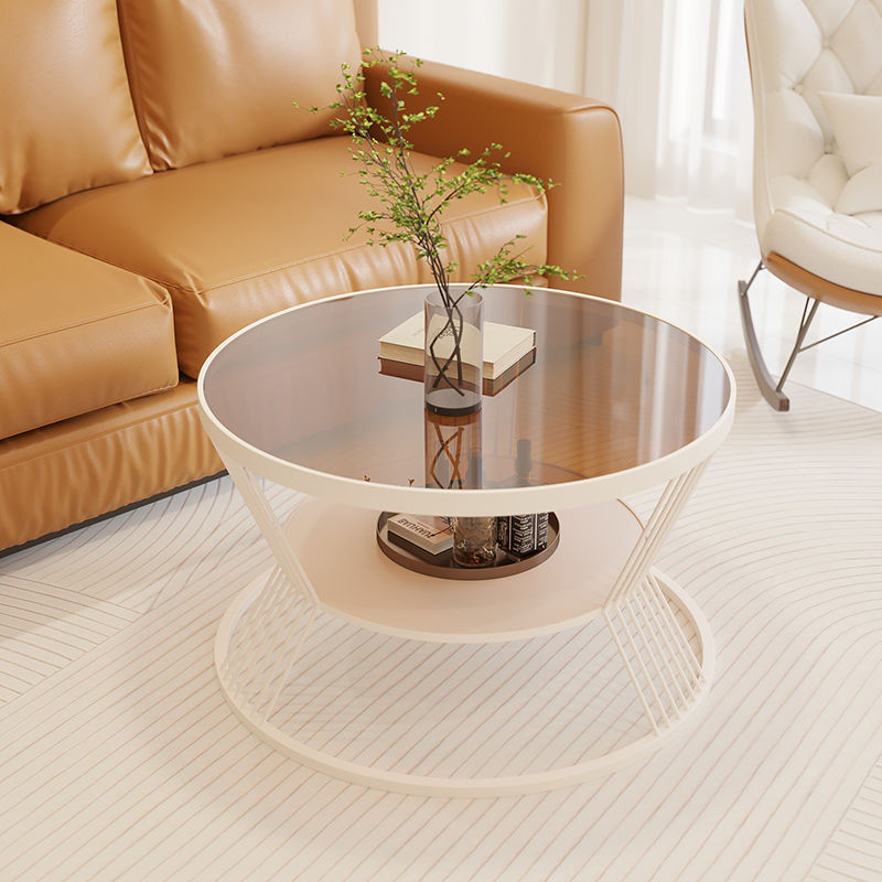 Scandinavian Round Iron Glass Coffee Table 2-Tier — White Base + Tea Color Glass