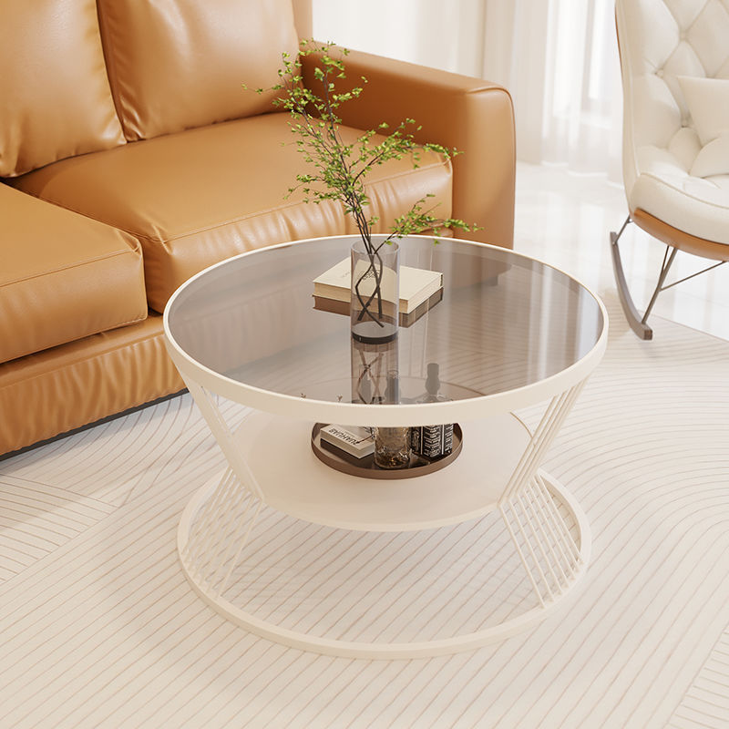 Scandinavian Round Iron Glass Coffee Table 2-Tier — White Base + Frosted Stripe Glass