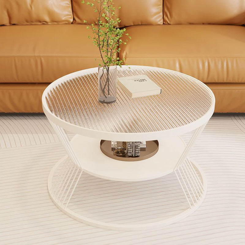Scandinavian Round Iron Glass Coffee Table 2-Tier — Black Base + Tea Color Glass