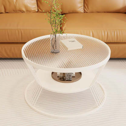 Scandinavian Round Iron Glass Coffee Table 2-Tier — Black Base + Tea Color Glass