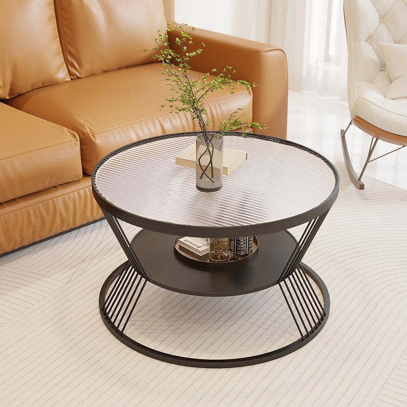 Scandinavian Round Iron Glass Coffee Table 2-Tier — Black Base + Gray Glass