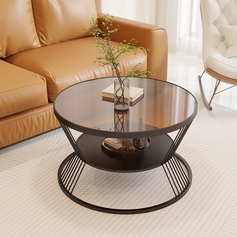 Scandinavian Round Iron Glass Coffee Table 2-Tier — Gold Base + Frosted Stripe Glass