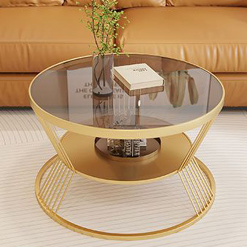 Scandinavian Round Iron Glass Coffee Table 2-Tier — Black Base + Gray Glass
