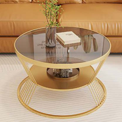 Scandinavian Round Iron Glass Coffee Table 2-Tier — Black Base + Gray Glass