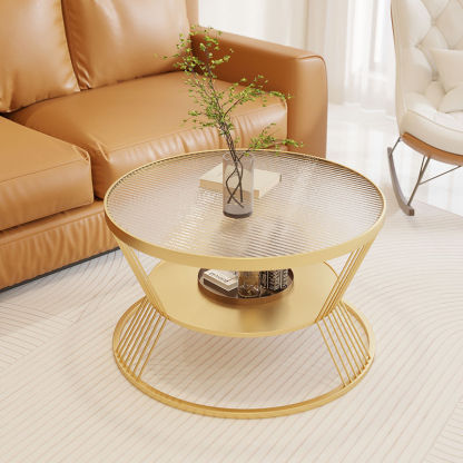 Scandinavian Round Iron Glass Coffee Table 2-Tier — White Base + Frosted Stripe Glass