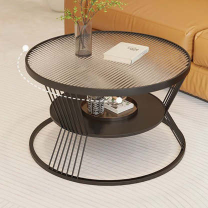 Scandinavian Round Iron Glass Coffee Table 2-Tier — Black Base + Tea Color Glass
