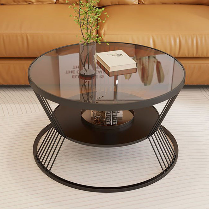 Scandinavian Round Iron Glass Coffee Table 2-Tier — Gold Base + Gray Glass