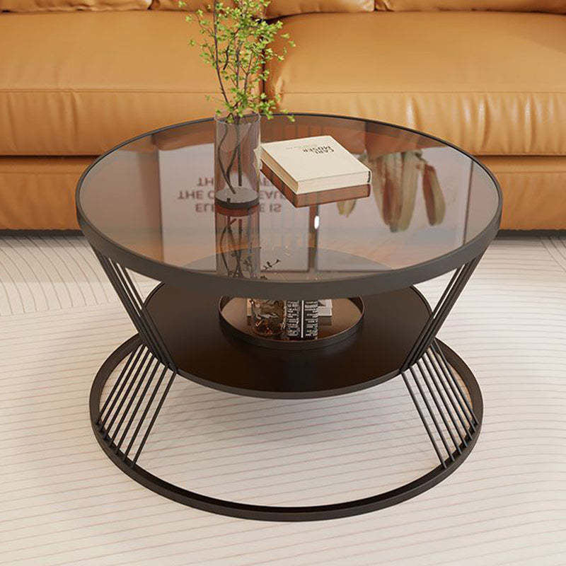 Scandinavian Round Iron Glass Coffee Table 2-Tier — Gold Base + Gray Glass