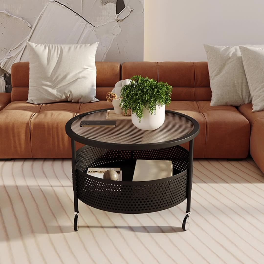 Nordic Cream Iron Glass Coffee Table 2-Tier — White Base + Tea Color Glass
