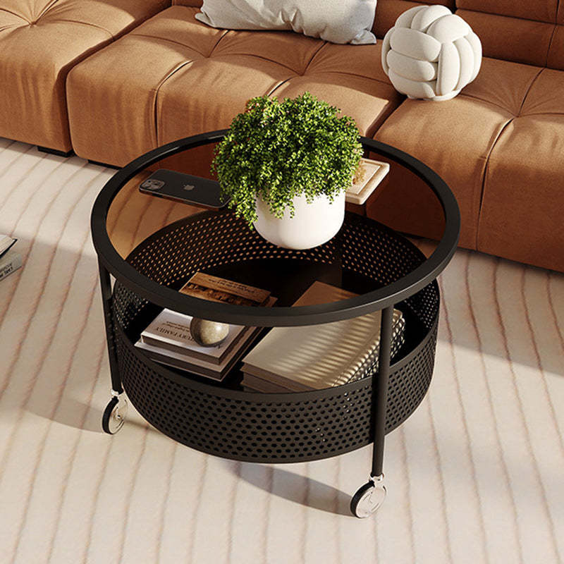 Nordic Cream Iron Glass Coffee Table 2-Tier — White Base + Frosted Stripe Glass