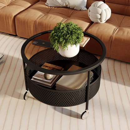 Nordic Cream Iron Glass Coffee Table 2-Tier — White Base + Frosted Stripe Glass