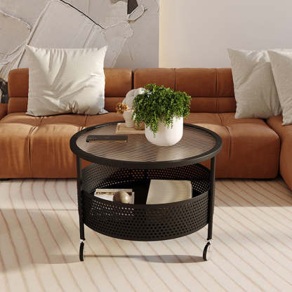 Nordic Cream Iron Glass Coffee Table 2-Tier — Black Base + Frosted Stripe Glass