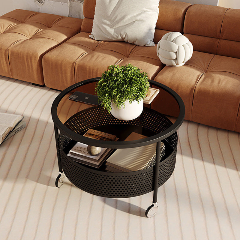 Nordic Cream Iron Glass Coffee Table 2-Tier — Black Base + Tea Color Glass