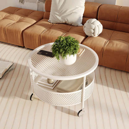 Nordic Cream Iron Glass Coffee Table 2-Tier — White Base + Frosted Stripe Glass