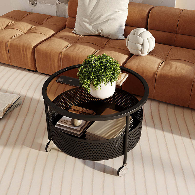 Nordic Cream Iron Glass Coffee Table 2-Tier — White Base + Tea Color Glass